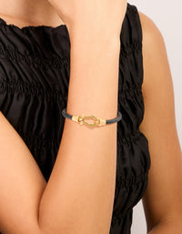 Waterproof Gold Plated Stainless Steel Black PU Leather Braided Chunky Link Bracelet - link has visual effect only