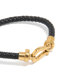 Waterproof Gold Plated Stainless Steel Black PU Leather Braided Chunky Link Bracelet - link has visual effect only