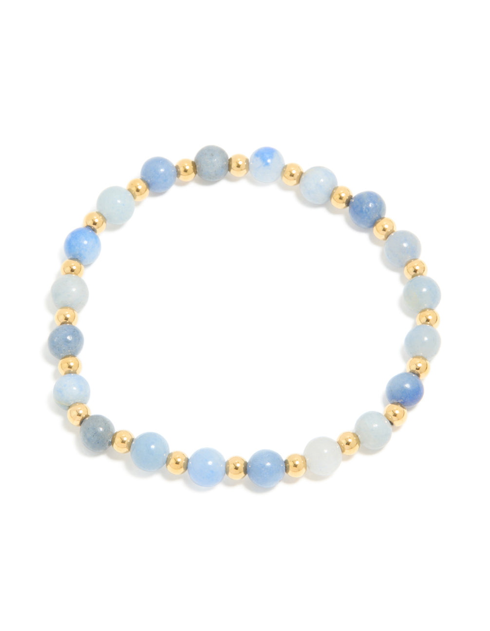Featuring a waterproof gold plated stainless steel blue beaded stretch bracelet with light and powder tones in a dainty style front view