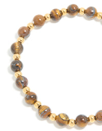 Waterproof Gold Plated Stainless Steel Tiger's Eye Semi Precious Stone Beaded Stretch Bracelet - link has visual effect only