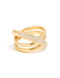 Waterproof Gold Plated Stainless Steel Cubic Zirconia Criss Cross Pave Ring - link has visual effect only