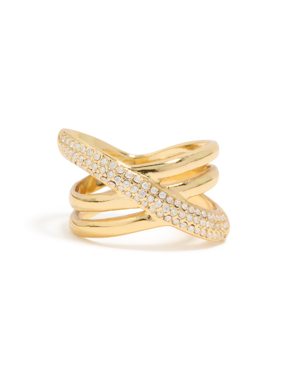 Elegantly designed waterproof stainless steel criss cross pave ring with cubic zirconia and statement styling in gold plating close up view