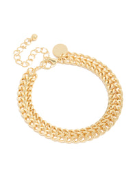 Showcasing a double flat curb chain bracelet in gold plated front view - link has visual effect only