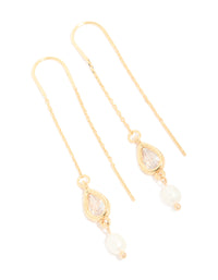 Elegant gold plated freshwater pearl and cubic zirconia threader drop earrings front view - link has visual effect only