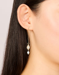 Showcasing gold plated freshwater pearl and cubic zirconia threader drop earrings on ear view - link has visual effect only