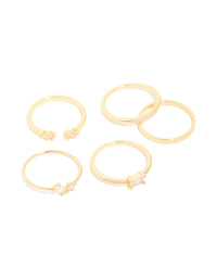 Featuring gold plated open rectangular cubic zirconia rings in a 5-pack front view - link has visual effect only