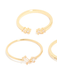Showcasing gold plated open rectangular cubic zirconia rings in a 5-pack close up view - link has visual effect only
