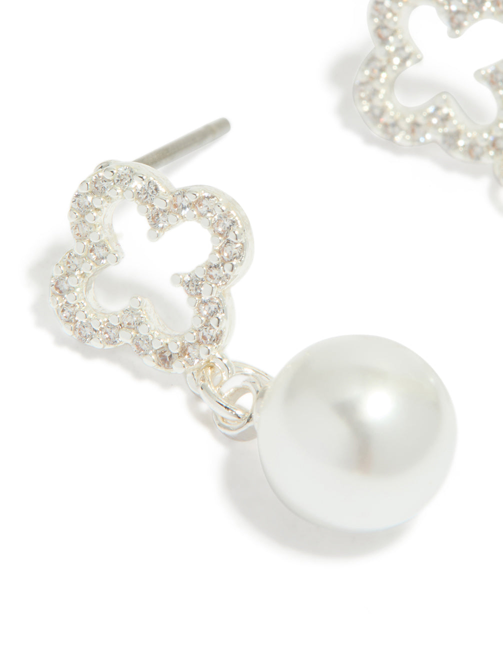Silver Plated Cubic Zirconia Outline Flower & Pearl Earrings