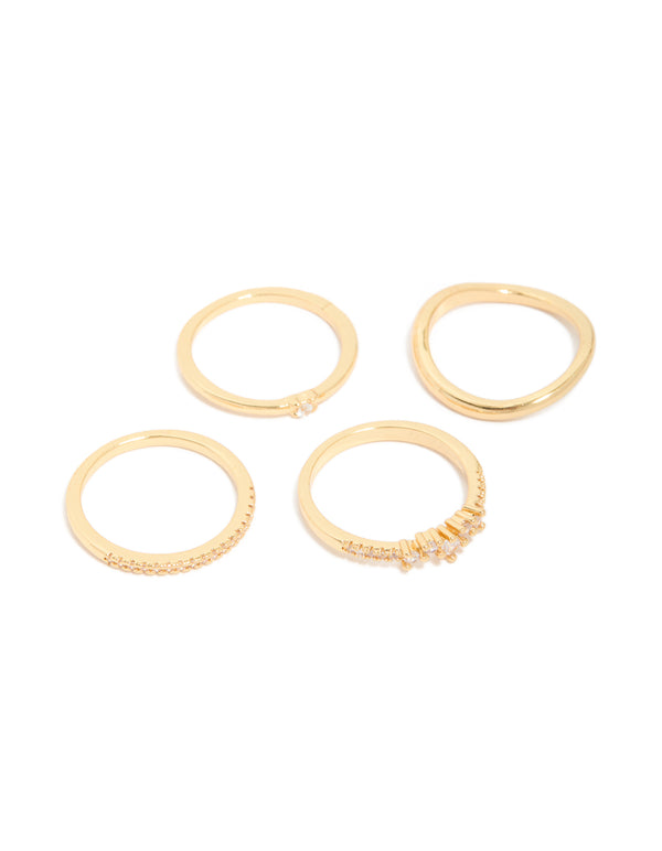 Gold Plated Cubic Zirconia & Wavy Rings 4-Pack
