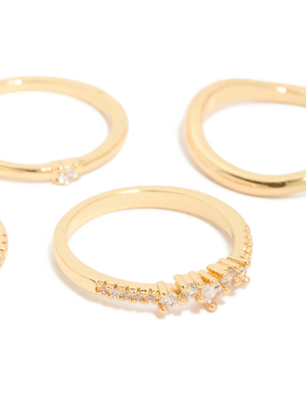 Gold Plated Cubic Zirconia & Wavy Rings 4-Pack