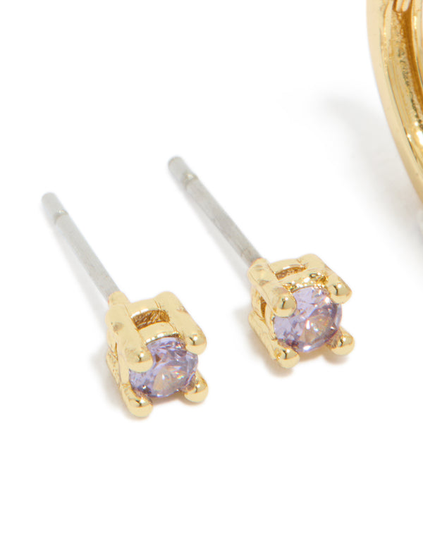 Gold Plated Brass Light Amethyst Cubic Zirconia June Birthstone Earrings 2 Pack
