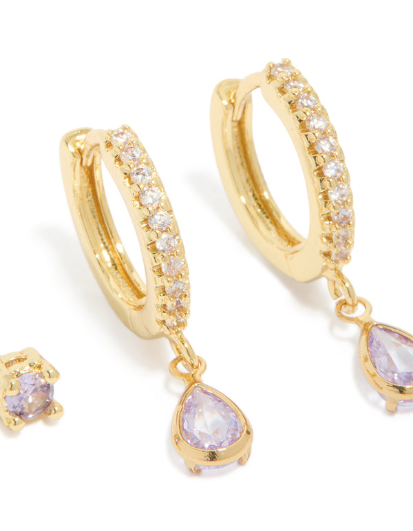 Gold Plated Brass Light Amethyst Cubic Zirconia June Birthstone Earrings 2 Pack