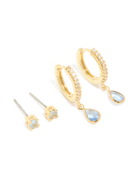 Gold Plated Brass Aquamarine Cubic Zirconia March Birthstone Earrings 2-Pack - link has visual effect only