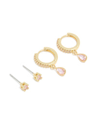 Gold Plated Brass Pink Tourmaline October Birthstone Earrings 2 Pack - link has visual effect only