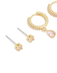 Gold Plated Brass Pink Tourmaline October Birthstone Earrings 2 Pack - link has visual effect only