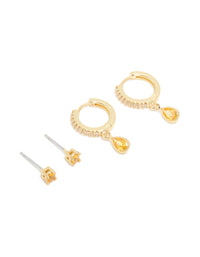 Gold Plated Brass Citrine Cubic Zirconia November Birthstone Earrings 2-Pack - link has visual effect only