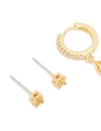Gold Plated Brass Citrine Cubic Zirconia November Birthstone Earrings 2-Pack - link has visual effect only