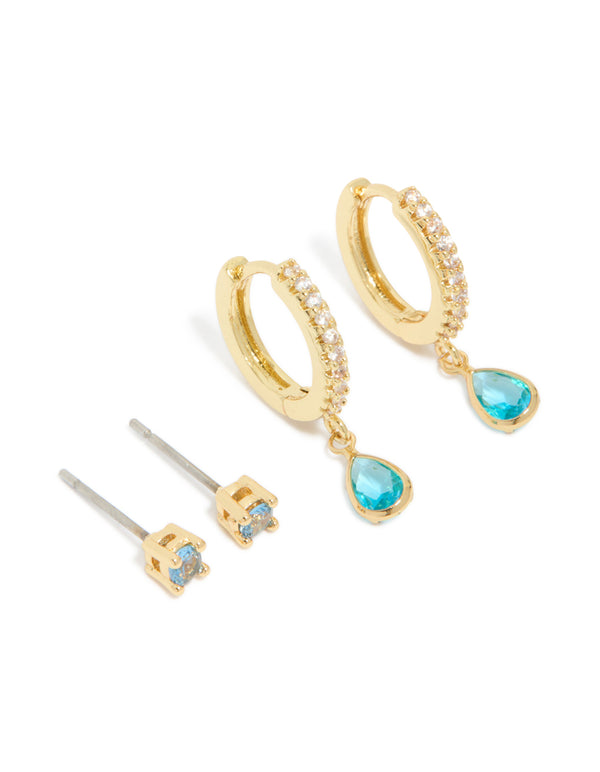 Gold Plated Brass Tanzanite Cubic Zirconia December Birthstone Earrings 2-Pack