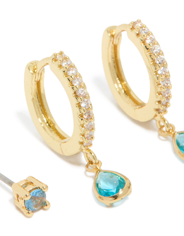 Gold Plated Brass Tanzanite Cubic Zirconia December Birthstone Earrings 2-Pack