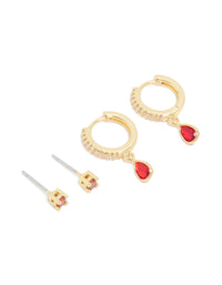 Gold Plated Brass Ruby Cubic Zirconia July Birthstone Earrings 2-Pack - link has visual effect only