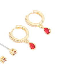 Gold Plated Brass Ruby Cubic Zirconia July Birthstone Earrings 2-Pack - link has visual effect only