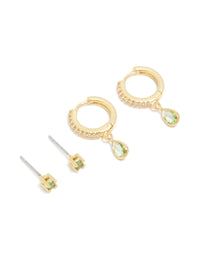 Gold Plated Brass Peridot Cubic Zirconia August Birthstone Earrings 2 Pack - link has visual effect only