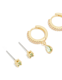 Gold Plated Brass Peridot Cubic Zirconia August Birthstone Earrings 2 Pack - link has visual effect only