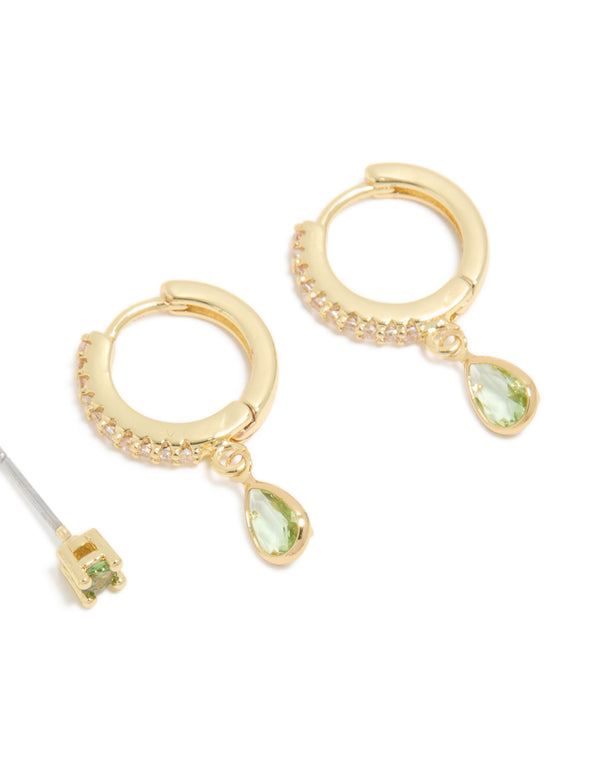 Gold Plated Brass Peridot Cubic Zirconia August Birthstone Earrings 2 Pack
