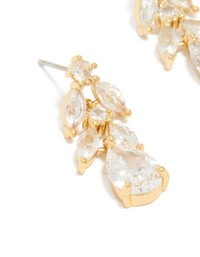 Elegant gold plated cubic zirconia vine drop earrings close up view - link has visual effect only