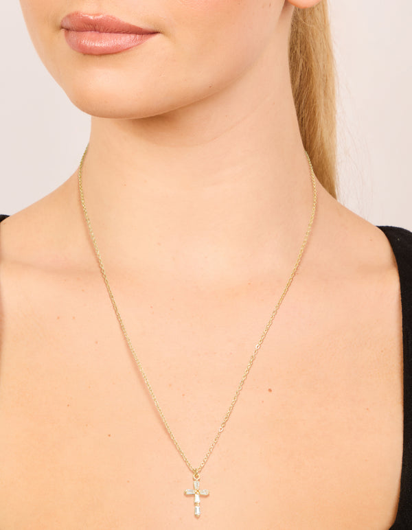 Gold Plated Cubic Zirconia Baguette Cross Necklace