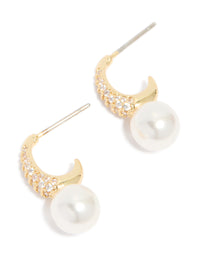 Elegant gold plated cubic zirconia and pearl small pave open hoop earrings front view - link has visual effect only