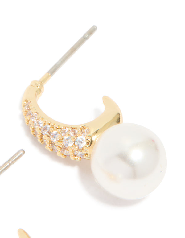 Featuring gold plated cubic zirconia and pearl small pave open hoop earrings post detail view