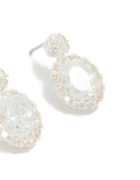 Elegant silver plated oval cubic zirconia medium drop earrings in clear post detail view - link has visual effect only