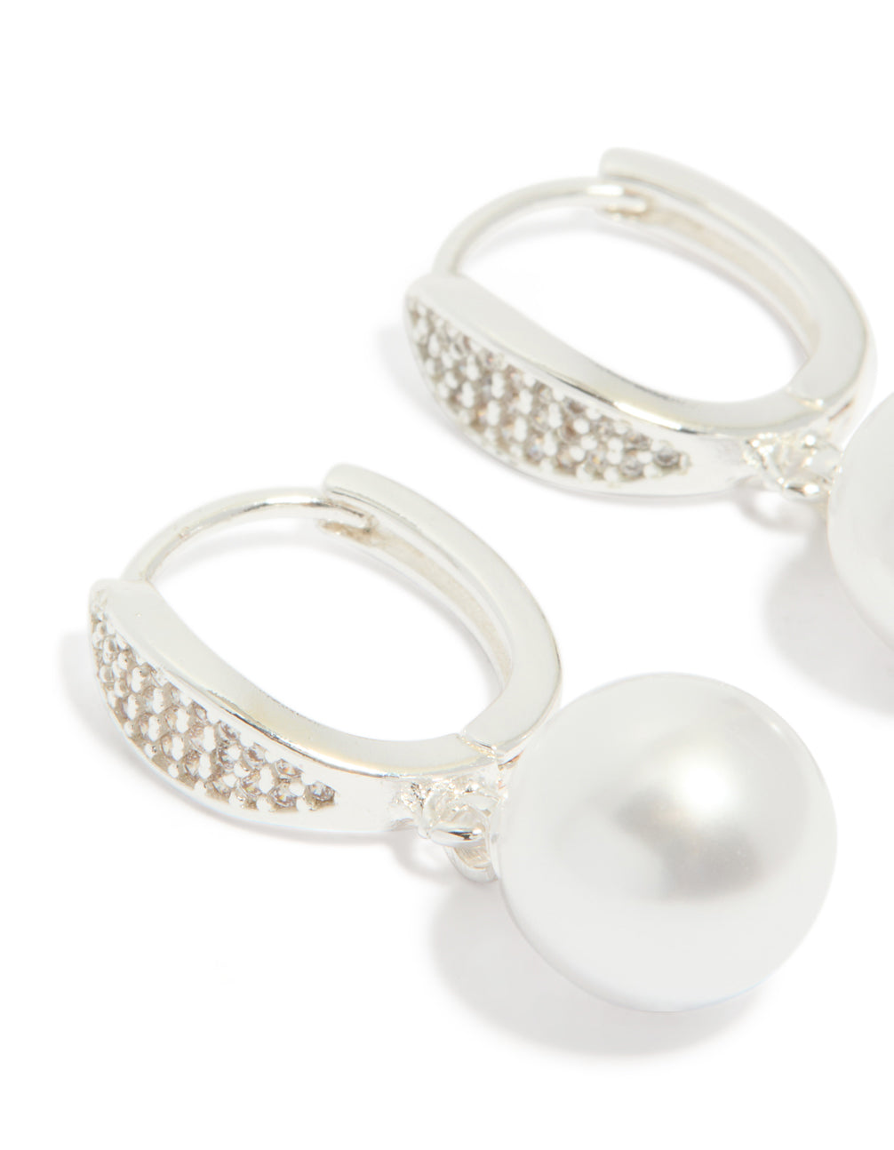 Silver Plated Cubic Zirconia Pearl Huggie Earrings