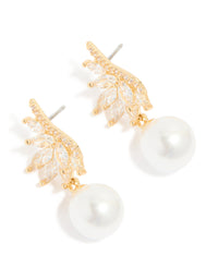 Gold Plated Cubic Zirconia Vine Fan & Pearl Drop Earrings - link has visual effect only