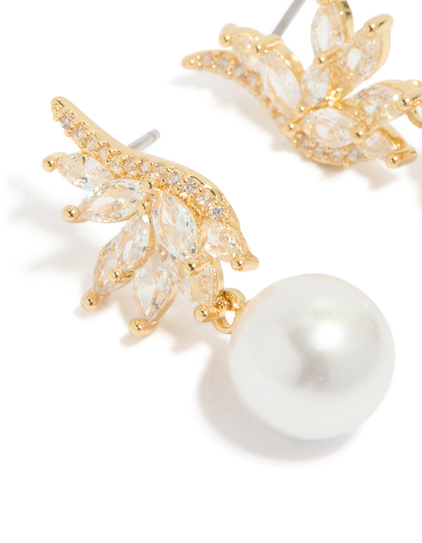 Gold Plated Cubic Zirconia Vine Fan & Pearl Drop Earrings