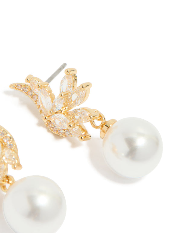 Gold Plated Cubic Zirconia Vine Fan & Pearl Drop Earrings