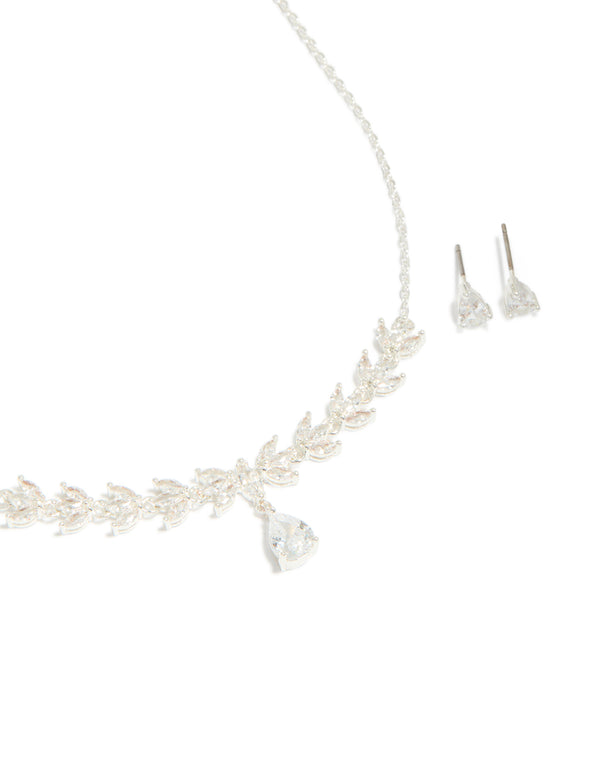 Silver Plated Cubic Zirconia Dainty Vine Drop Earrings & Necklace Jewellery Set