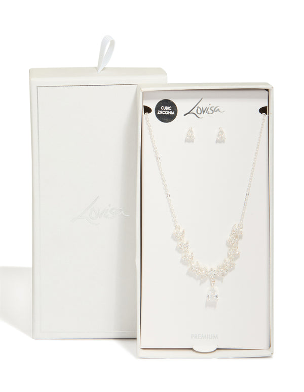 Silver Plated Cubic Zirconia Dainty Vine Drop Earrings & Necklace Jewellery Set