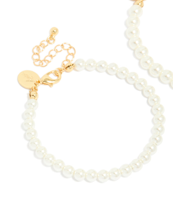 Crafted from Gold Plated materials, Classic Pearl Bracelets 2-Pack in white and gold closure detail view