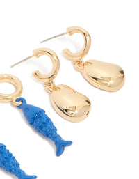 Gold Small Fish & Pebble Open Hoop Earrings 3-Pack - link has visual effect only