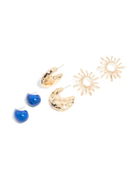 Gold Sun & Blue Acrylic Open Hoop Earrings 3-Pack - link has visual effect only