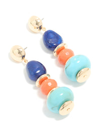Gold Blue & Orange Acrylic Beaded Drop Stud Earrings - link has visual effect only