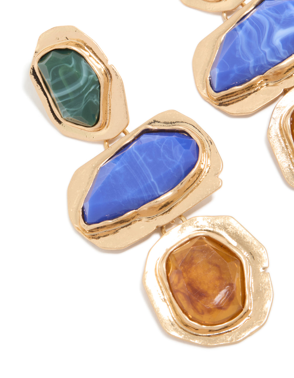 Worn Gold Blue & Green Acrylic Triple Layered Drop Earrings