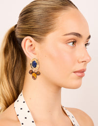 Gold Dark Blue Acrylic & Brown Beaded Medallion Drop Earrings - link has visual effect only