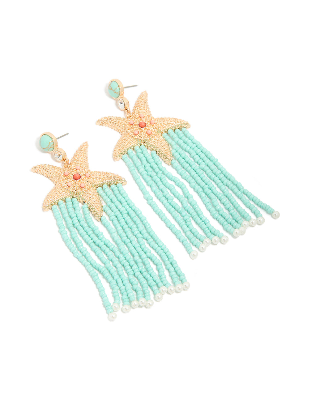 Gold Starfish & Turquoise Beaded Drop Earrings