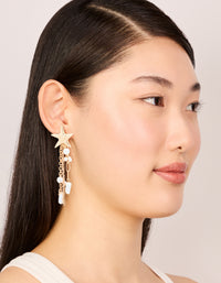 Gold Pearl Star Fish Chain Drop Earrings - link has visual effect only