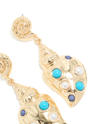Gold Shell & Blue White Dotted Drop Earrings - link has visual effect only