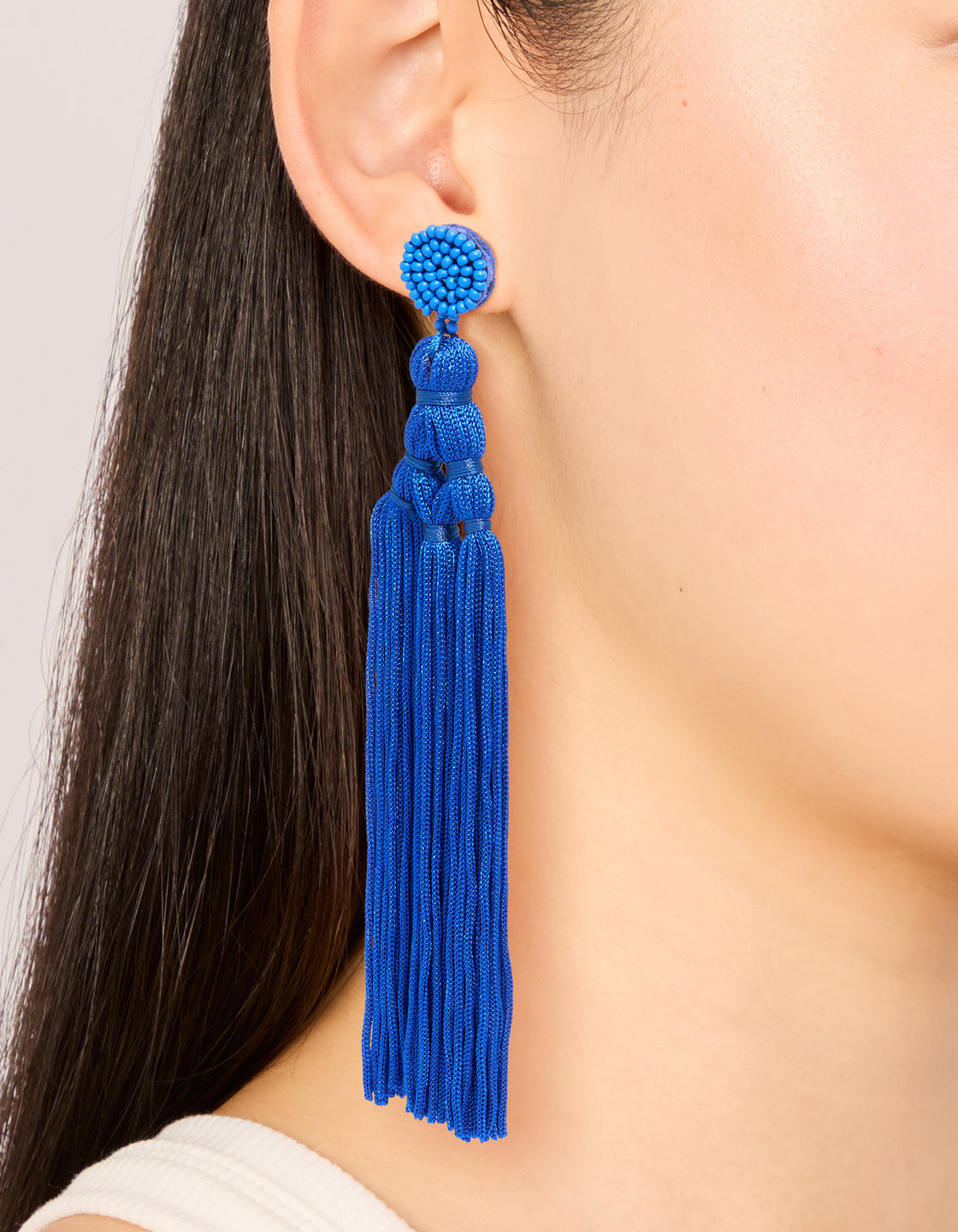 Dark Blue Fabric Fringe Long Drop Earrings