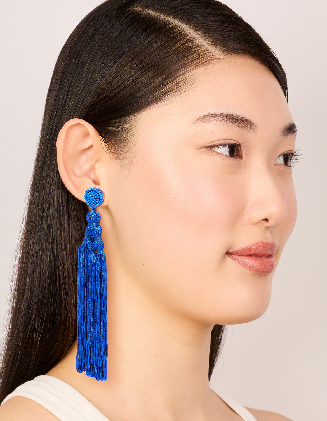 Dark Blue Fabric Fringe Long Drop Earrings